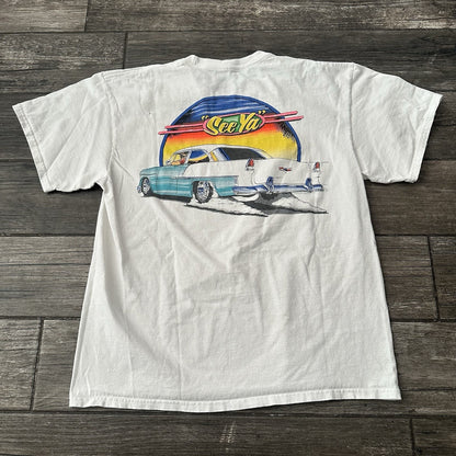 Y2K DANCHUK 1955 CHEVY CHEVROLET BEL AIR SEE YA WHITE TEE T-SHIRT SZ L CAR CLUB Yesterday's Fits Clothing Fashion Vintage Streetwear Fashion Item
