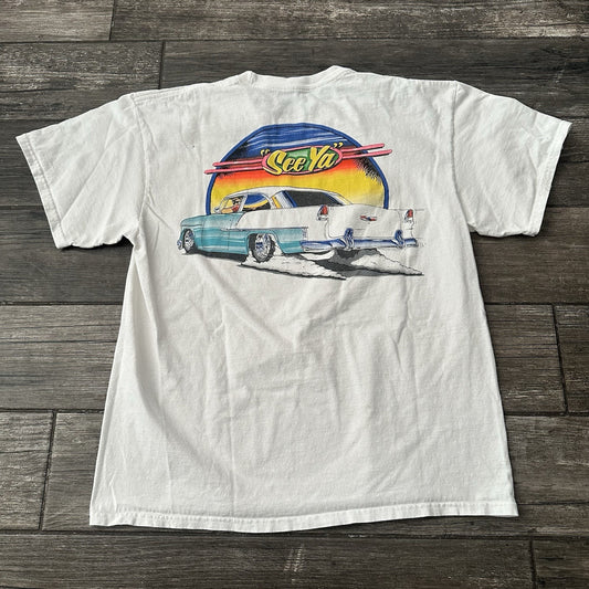 Y2K DANCHUK 1955 CHEVY CHEVROLET BEL AIR SEE YA WHITE TEE T-SHIRT SZ L CAR CLUB Yesterday's Fits Clothing Fashion Vintage Streetwear Fashion Item