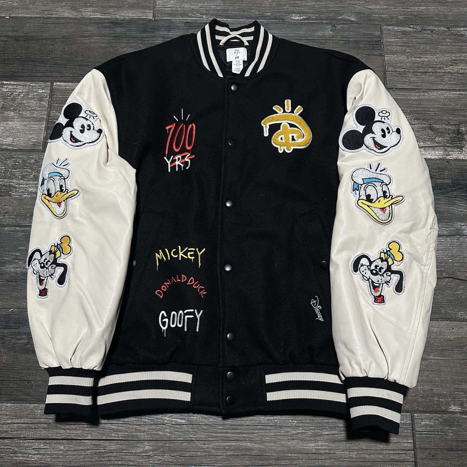 H&M DISNEY 100 YEARS OF WONDER VARISTY BOMBER JACKET M CHARACTERS BLACK WHITE Yesterday's Fits Clothing Fashion Vintage Streetwear Fashion Item