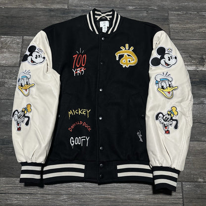 H&M DISNEY 100 YEARS OF WONDER VARISTY BOMBER JACKET M CHARACTERS BLACK WHITE Yesterday's Fits Clothing Fashion Vintage Streetwear Fashion Item