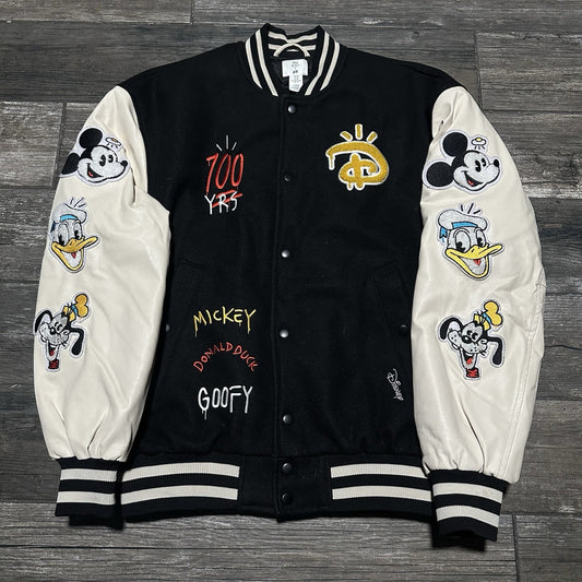H&M DISNEY 100 YEARS OF WONDER VARISTY BOMBER JACKET M CHARACTERS BLACK WHITE Yesterday's Fits Clothing Fashion Vintage Streetwear Fashion Item