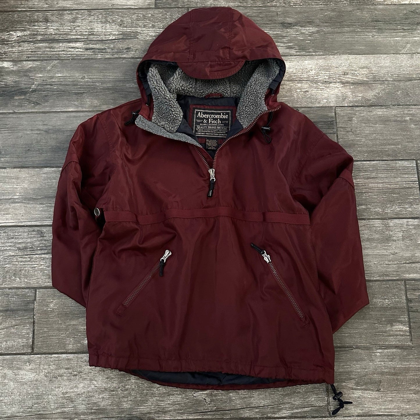VTG ABERCROMBIE & FITCH ANORAK MAROON SHERPA HOOD JACKET SZ S OVERSIZED 1/4 ZIP Yesterday's Fits Clothing Fashion Vintage Streetwear Fashion Item
