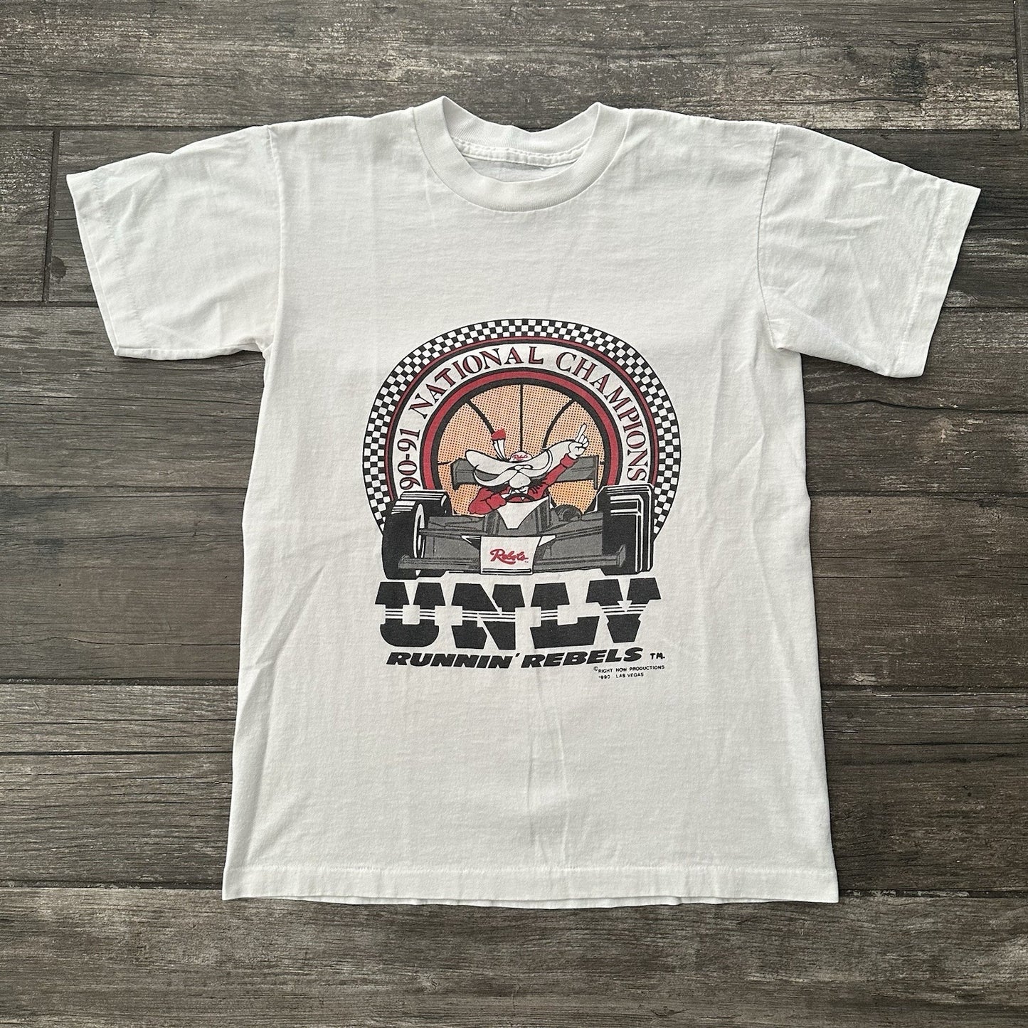 VTG 1990-91 UNLV RUNNIN REBELS WHITE COLLEGE T-SHIRT NATIONAL CHAMPS FITS SZ M Yesterday's Fits Clothing Fashion Vintage Streetwear Fashion Item