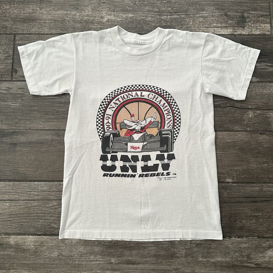 VTG 1990-91 UNLV RUNNIN REBELS WHITE COLLEGE T-SHIRT NATIONAL CHAMPS FITS SZ M Yesterday's Fits Clothing Fashion Vintage Streetwear Fashion Item