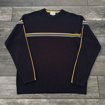 Y2K POINT ZERO BLUE YELLOW PIPES ACRYLIC SWEATER SWEATSHIRT SZ L SURF SKATE Yesterday's Fits Clothing Fashion Vintage Streetwear Fashion Item