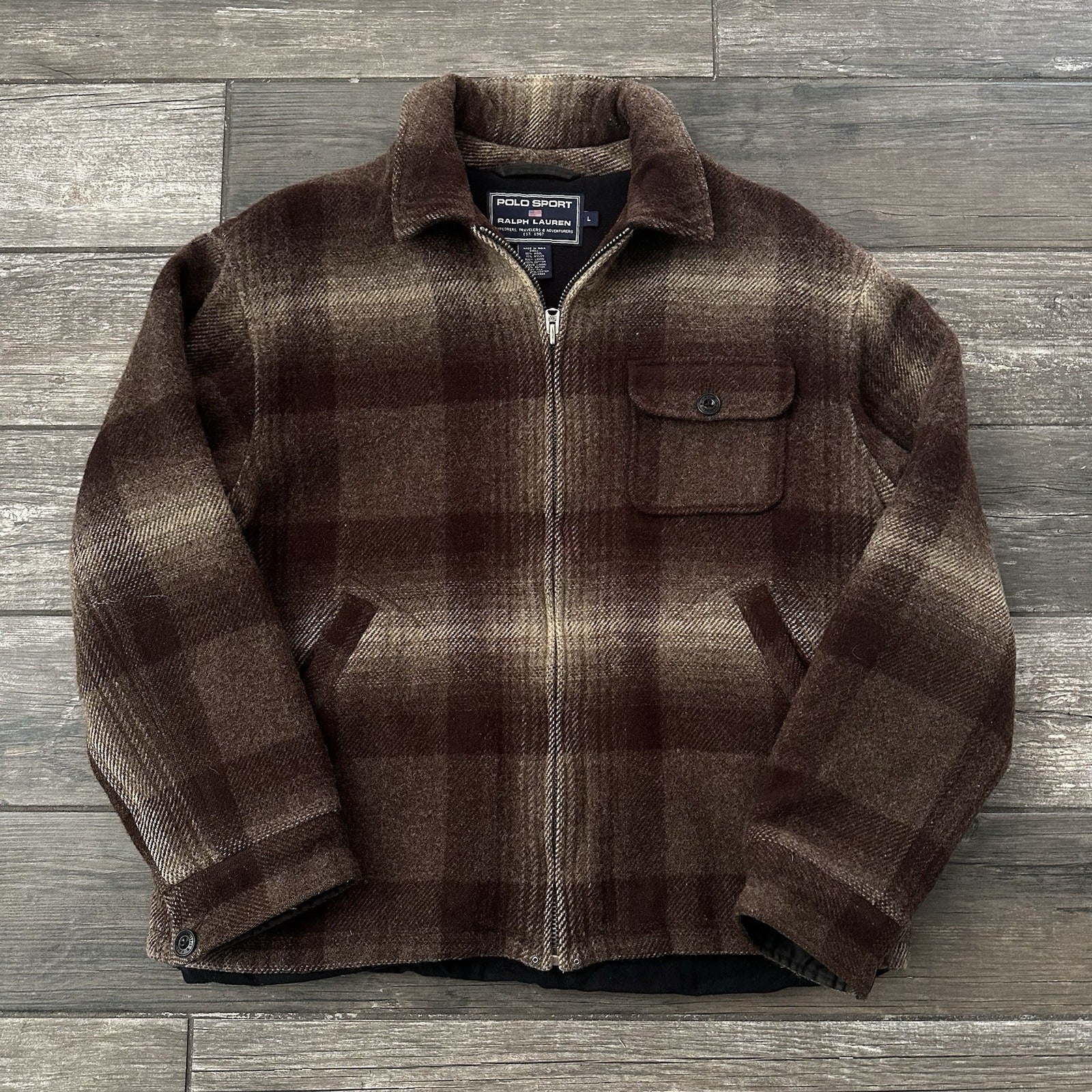 VTG POLO SPORT SPORTSMAN RALPH LAUREN PLAID WOOL BROWN COAT JACKET SHADOW SZ L Yesterday's Fits Clothing Fashion Vintage Streetwear Fashion Item