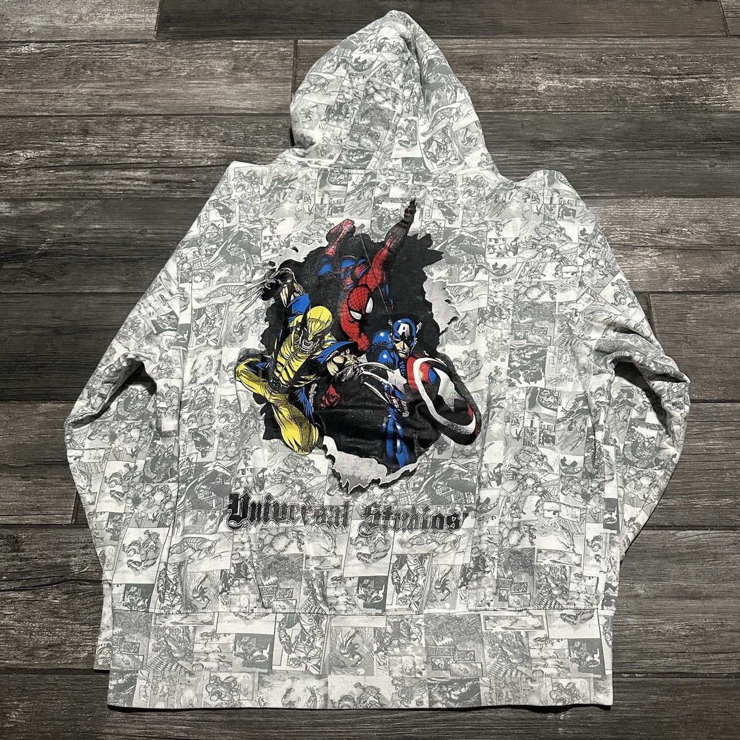 Y2K MARVEL UNIVERSAL STUDIOS AOP ALL OVER PRINT HOODIE ZIP UP SWEATSHIRT SZ L Yesterday's Fits Clothing Fashion Vintage Streetwear Fashion Item
