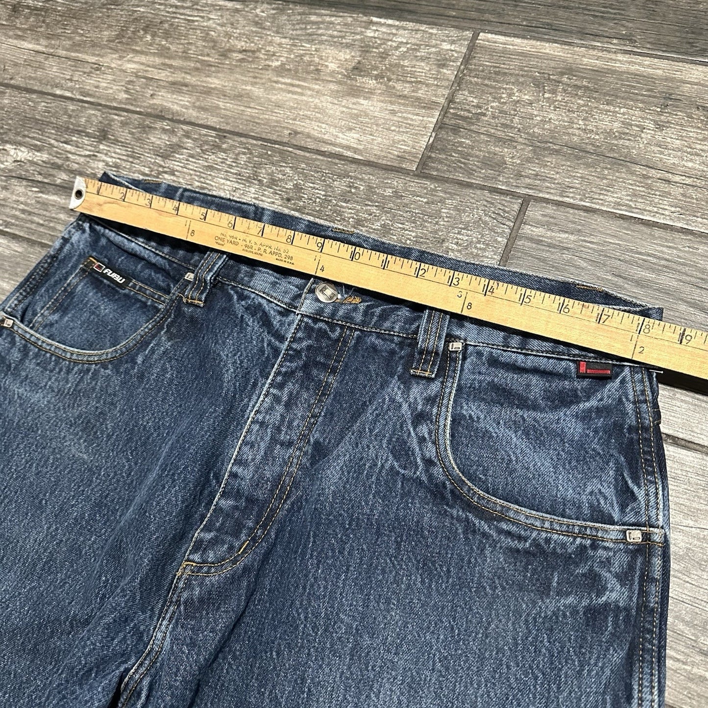VTG Y2K FUBU COLLECTION BLUE DENIM BAGGY JEAN SHORTS JORTS WIDE LEG SZ 38 Yesterday's Fits Clothing Fashion Vintage Streetwear Fashion Item