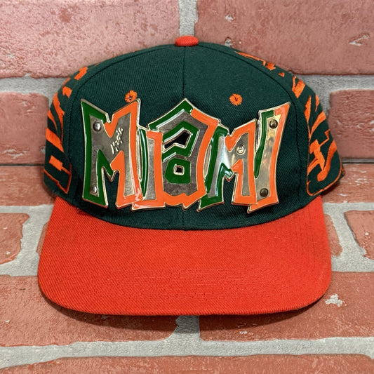 VTG 90s MIAMI HURRICANES METAL PLATE GREEN ORANGE SNAPBACK HAT MAGIC BY BEE Yesterday's Fits Clothing Fashion Vintage Streetwear Fashion Item