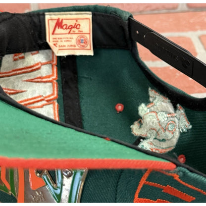 VTG 90s MIAMI HURRICANES METAL PLATE GREEN ORANGE SNAPBACK HAT MAGIC BY BEE Yesterday's Fits Clothing Fashion Vintage Streetwear Fashion Item