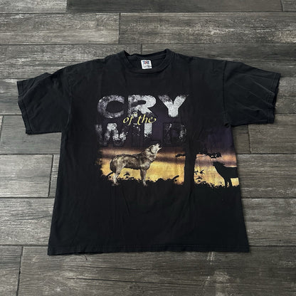 VTG 90s CRY OF THE WILD NATURE FADED BLACK T-SHIRT WOLF ALL OVER PRINT SZ XXL Yesterday's Fits Clothing Fashion Vintage Streetwear Fashion Item