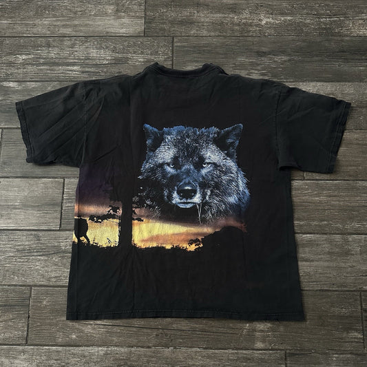 VTG 90s CRY OF THE WILD NATURE FADED BLACK T-SHIRT WOLF ALL OVER PRINT SZ XXL Yesterday's Fits Clothing Fashion Vintage Streetwear Fashion Item
