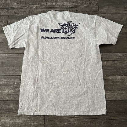 PHOENIX SUNS DEVIN BOOKER #1 SHOOTING GAURD GREY BASKETBALL T-SHIRT SZ L PROMO Yesterday's Fits Clothing Fashion Vintage Streetwear Fashion Item