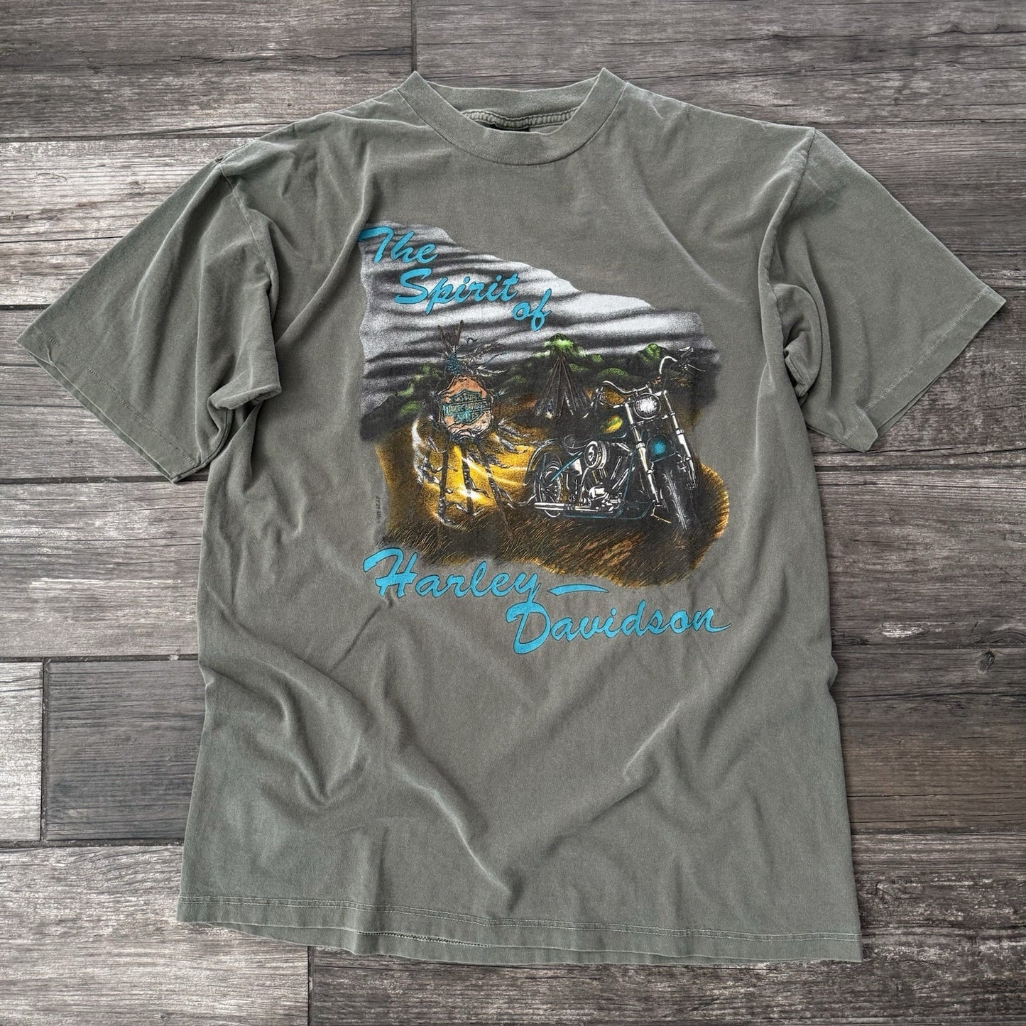 VTG 90'S HARLEY-DAVIDSON MOTORCYCLES SPIRIT LAS VEGAS GREEN FADED T-SHIRT SZ L Yesterday's Fits Clothing Fashion Vintage Streetwear Fashion Item