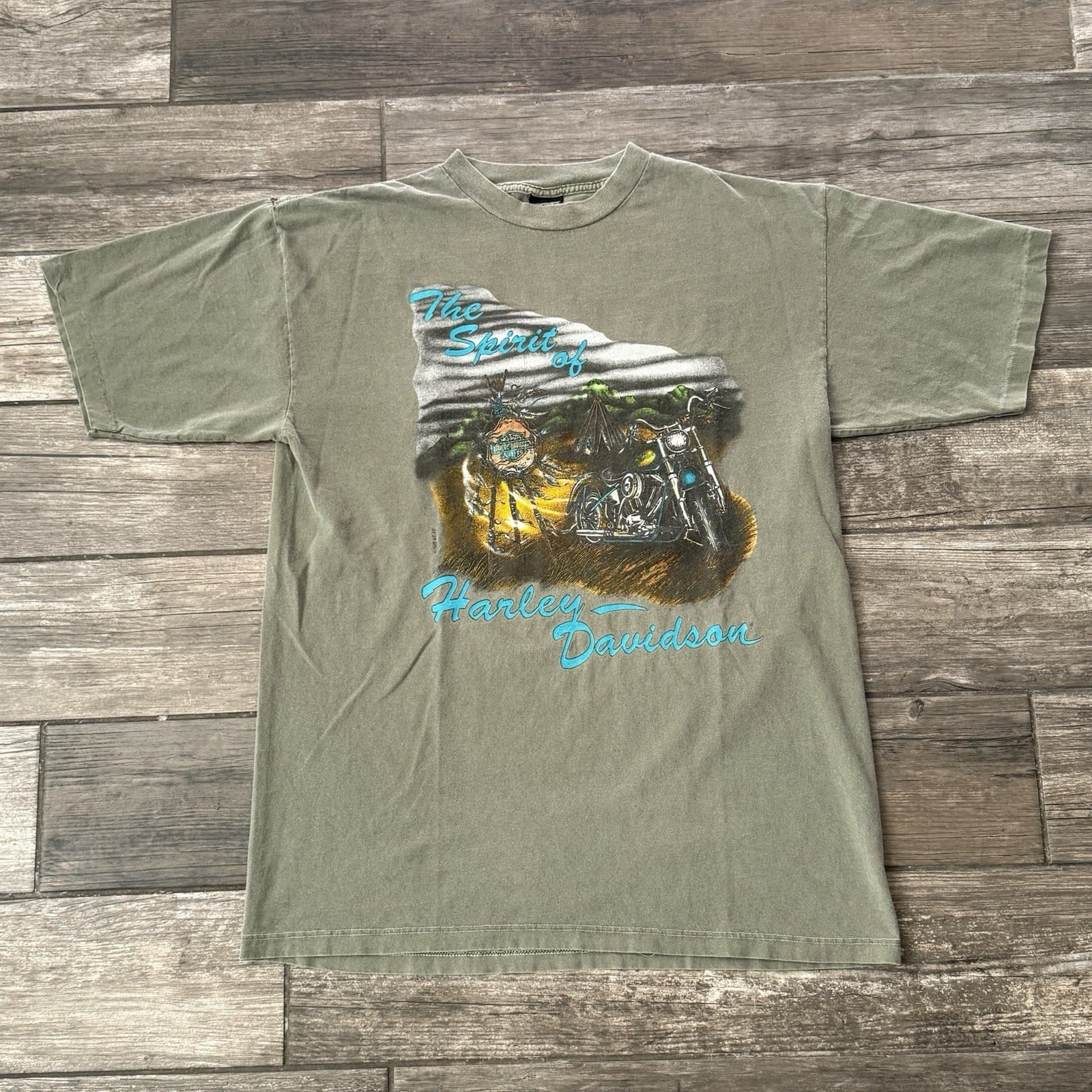 VTG 90'S HARLEY-DAVIDSON MOTORCYCLES SPIRIT LAS VEGAS GREEN FADED T-SHIRT SZ L Yesterday's Fits Clothing Fashion Vintage Streetwear Fashion Item